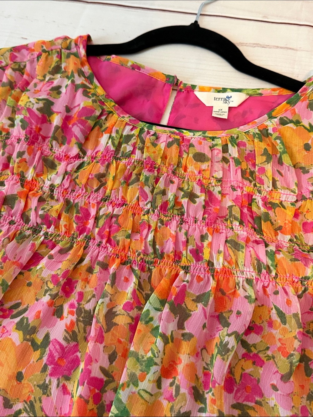 Terra & Sky Pink and Orange Floral Smocked Yoke Blouse - Picture 7 of 8